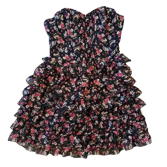 Guess | Dresses | 9s Guess Black Floral Ruffled Strapless Sweetheart Neck  Aline Minidress | Poshmark